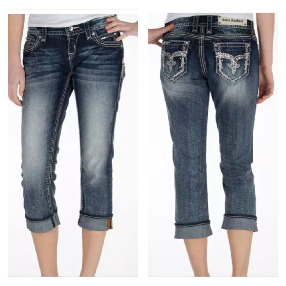 Rock Revival Lynkai Easy Crop Jeans Women's Size 29 x 24.5 Embellished Stretch